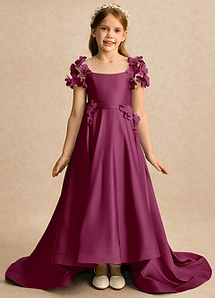 Azazie Charity Flower Girl Dresses Mulberry A-Line with Sleeves Matte Satin Dress image3