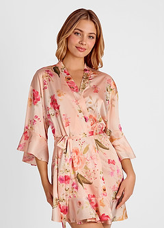 front Ruffled Printed Satin Bathrobe
