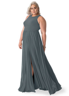 Azazie Lindie Final Sale Pewter A-Line Scoop Pleated Chiffon Dress image24