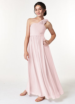 Azazie Flower Junior Blushing Pink A-Line Pleated Chiffon Dress image5
