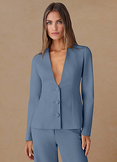 front Elara Dusty Blue Extreme-Plunge Refined Weave 2-Piece Suit