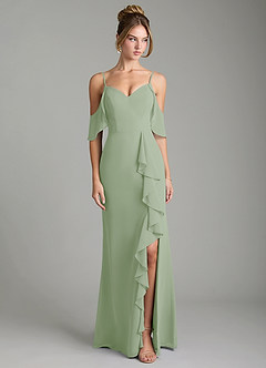 Azazie Alexys Robes de demoiselle d'honneur Robe Fourreau en Mousseline de soie Épaule décolletée Vert Sauge image1