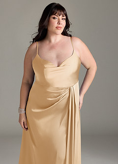 Azazie Brielle Bridesmaid Dresses Gold A-Line Cowl Spaghetti Straps Stretch Satin Dress image11