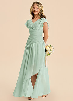 Azazie Pia Junior Abito A-Line in Chiffon Plissettato Agave image7
