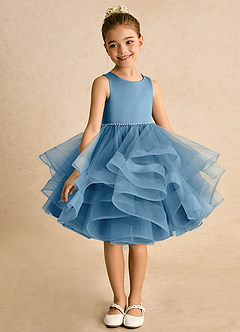 Azazie Tinie Flower Girl Dresses Steel Blue Ball-Gown Bow Tulle Dress image3