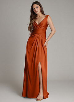 Azazie Pauline Vestidos de damas de honor Vestido de Naranja Quemada de Satén Elástico de Línea A con Plisado image5