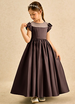 Azazie Toffee Abiti da Ragazza di Fiori Abito Stile Principessa in Raso Opaco Fiocco Ganache image4