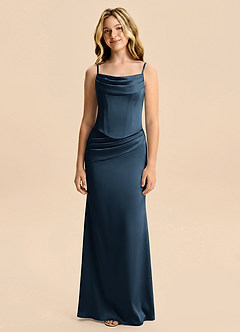 Azazie Sorrel Junior Dark Navy Mermaid Ruched Stretch Satin Dress image6