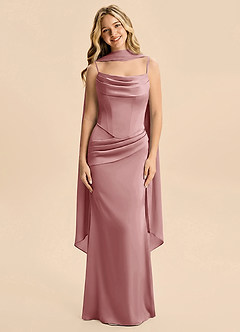 Azazie Sorrel Junior Vestido Rosa Polvorienta de Satén Elástico de Corte Sirena con Drapeado image3