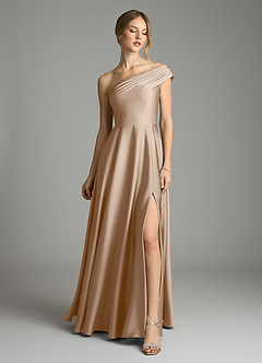 Azazie Melanie 신부 들러리 드레스 A라인 오프 더 숄더 스트레치 새틴 바닥 길이 드레스 image3