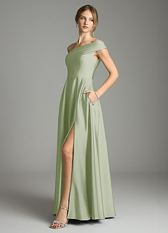 Azazie Melanie Jurken voor bruidsmeisjes Jurk van Stretch Satijn met A-Lijn Off the Shoulder Stoffige Salie image4