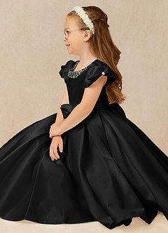 Azazie Jewel Flower Girl Dresses Black Ball-Gown Pleated Matte Satin Dress image3