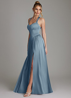 Azazie Francis Bridesmaid Dresses Dusty Blue A-Line Corset Stretch Satin Dress image6