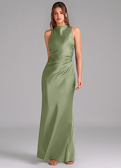 Azazie Evadne Bridesmaid Dresses Pistachio Sheath Pleated Stretch Satin Dress image3