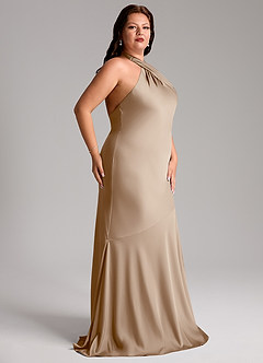Azazie Lorena Bridesmaid Dresses Taupe Mermaid Pleated Stretch Satin Dress image11
