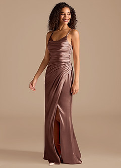 Azazie Deandra Bridesmaid Dresses Espresso Mermaid Pleated Metallic Satin Dress image3