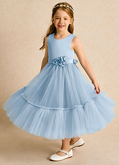 Azazie Miracle Blumenmädchenkleider A-Linie Schleifen Matte Satin Kleid Puderblau image4