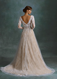 Azazie Leila Wedding Dresses Diamond White Nude A-Line V-Neck Sequins Tulle Dress image2