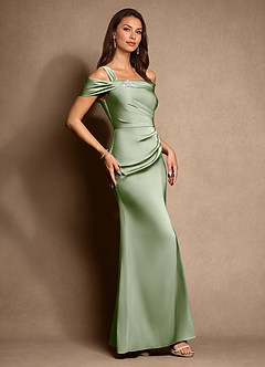 Azazie Altonia Mother of the Bride Dresses Dusty Sage Mermaid Off the Shoulder Stretch Satin Dress image2