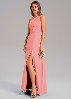 Azazie Phaedra Bridesmaid Dresses Coral A-Line One Shoulder Chiffon Dress image5