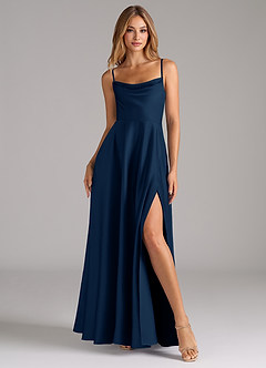 Azazie Elle Bridesmaid Dresses Dark Navy A-Line Pleated Stretch Satin Dress image4
