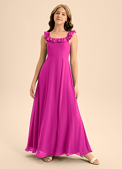 Azazie Callie Junior Abito A-Line in Chiffon Increspato Fucsia image5