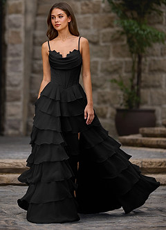 Floralace Black Ruffled A-line Prom Dress image6