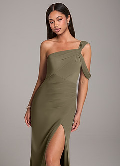Azazie Wynter At-home Try On Dresses Dusty Blue Sheath Off the Shoulder Chiffon Dress image7