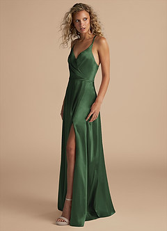 Azazie Davis Bridesmaid Dresses Eucalyptus A-Line Pleated Metallic Satin Dress image6