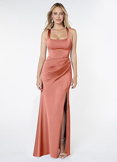 Azazie Mero Bridesmaid Dresses Coral Mermaid Pleated Stretch Satin Dress image1
