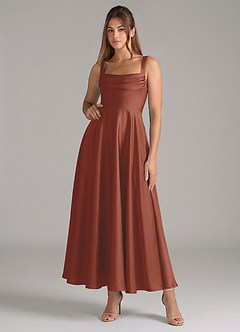 Azazie Shaude Bridesmaid Dresses Auburn A-Line Pleated Stretch Satin Dress image1
