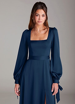 Azazie Leonia Bridesmaid Dresses Dark Navy A-Line Long Sleeve Stretch Satin Dress image6