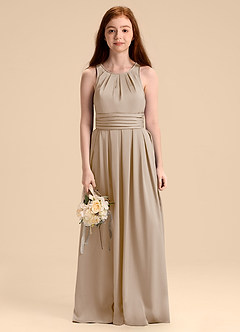 Azazie Bibiane Junior Taupe A-Line Pleated Stretch Satin Dress image6