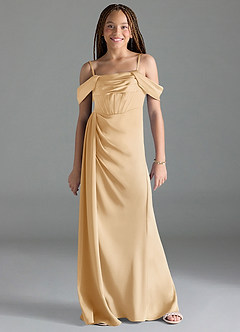 Azazie Amyra Junior Gold Sheath Off the Shoulder Stretch Satin Dress image1