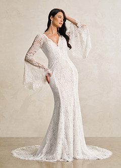 Azazie Hayes Wedding Dresses Diamond White Mermaid V-Neck Lace Dress image3