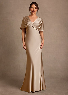 Azazie Dosia Mother of the Bride Dresses Taupe Sheath Pleated Stretch Satin Dress image1