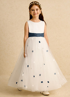 Azazie Cricket vestidos de niña de las flores Vestido de Marfil Azul Petróleo de Satin Mate de Corte Princesa con Plisado image6