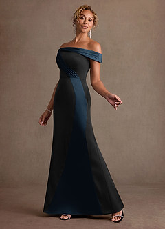 Azazie Constance Mother of the Bride Dresses Black Dark Navy Mermaid Off the Shoulder Stretch Satin Dress image3