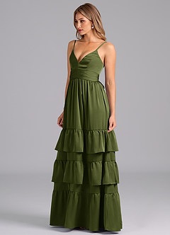 Azazie Nathalia Bridesmaid Dresses Olive A-Line Pleated Stretch Satin Dress image4
