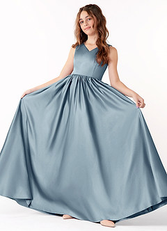 Azazie Hathaway Junior Dusty Blue A-Line Bow Stretch Satin Dress image2