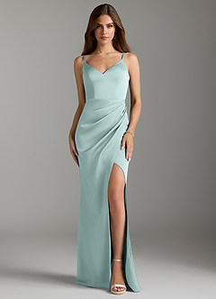Azazie Leo Bridesmaid Dresses Sea Glass Sheath Pleated Stretch Satin Dress image1