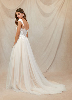 Azazie Katia At-home Try On Dresses Diamond White Champagne A-Line Lace Tulle Dress image4