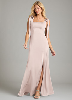 Azazie Frostine Bridesmaid Dresses Blushing Pink A-Line Bow Stretch Satin Dress image4