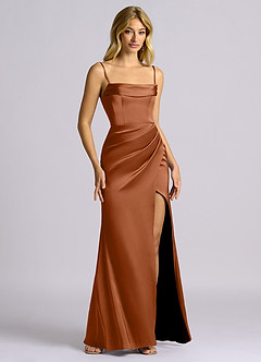Azazie Auden Bridesmaid Dresses Copper Sheath Off the Shoulder Stretch Satin Convertible Dress image3