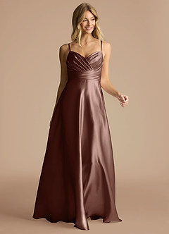 Azazie Oliana Bridesmaid Dresses Espresso A-Line Pleated Metallic Satin Dress image5