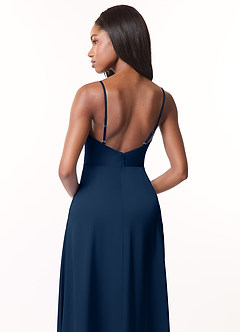 Azazie Brielle Robes de demoiselle d'honneur Robe Trapèze en Satin extensible Bretelles spaghetti Bleu Marine Foncé image5