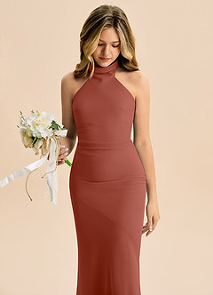 Azazie Velli Junior Meerjungfrau-Linie Hoher Kragen Chiffon Kleid Rotbraun image5