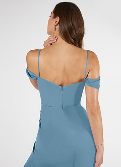Azazie Kit Bridesmaid Dresses Steel Blue Mermaid Off the Shoulder Mesh Dress image8
