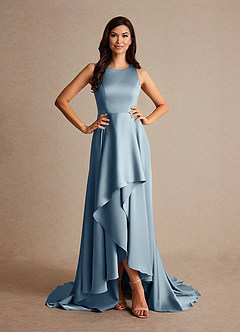 Azazie Niles vestidos de madre de la novia Vestido de Azul Polvoriento de Satén Elástico de Corte En A con Trenes image5