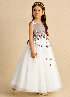 Azazie Eleni vestidos de niña de las flores Vestido de Marfil Taupe de Tul de Princesa con Lazo image6